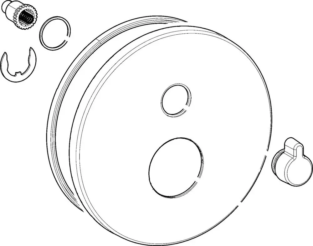 Technische Zeichnung einer Rosette mit mehreren Bauteilen, einschließlich eines Rings und einer Schraube, die zur Montage bei HANSA Produkten verwendet werden können.